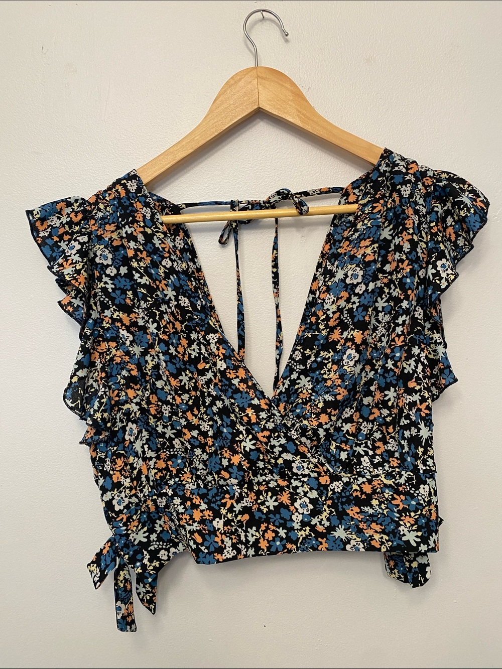 Floral Skirt Set- Crop Top with Maxi Skirt- Black with Blue & Peach Floral Print